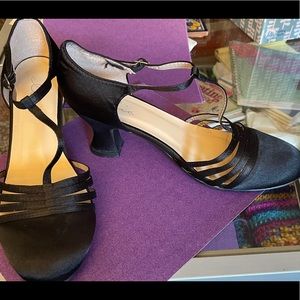 Black satin dance shoes, size 9